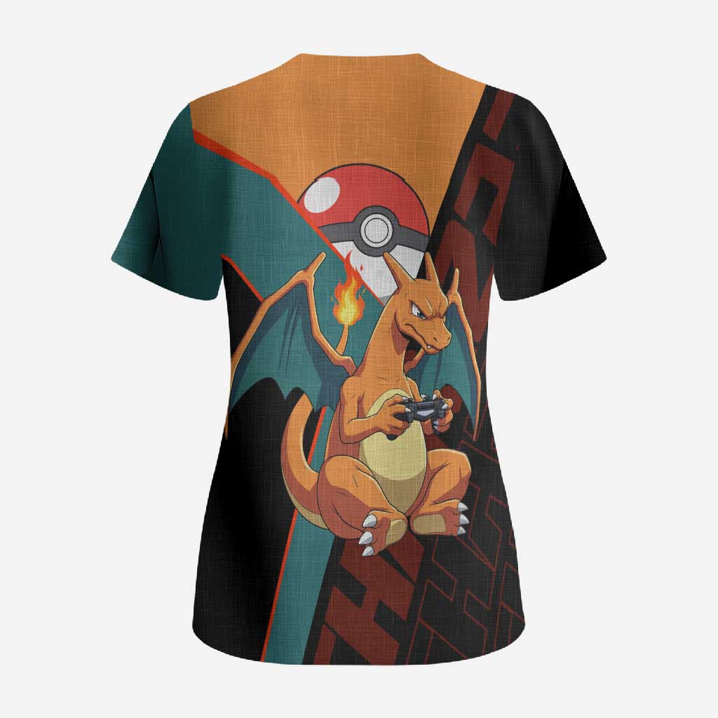 Charizard Poké Scrub Top Retro Anime Gaming Style