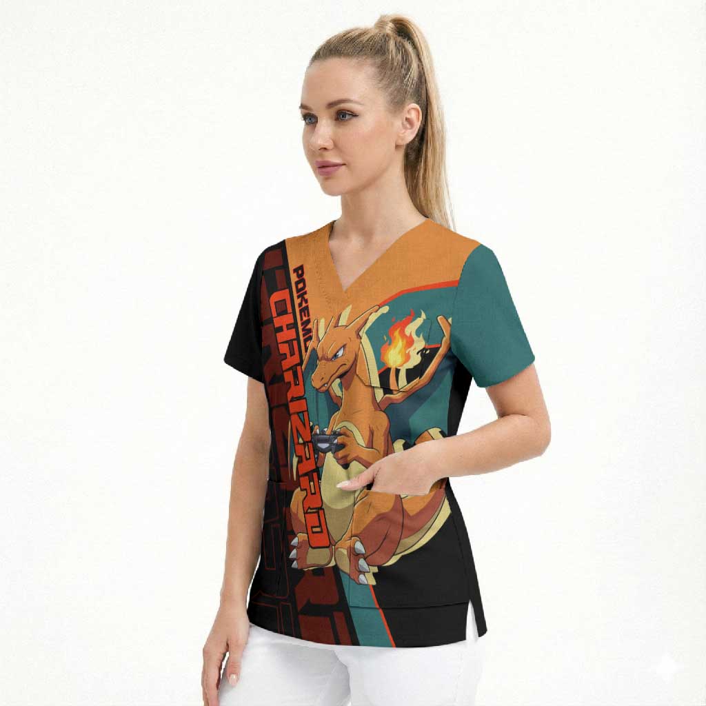 Charizard Poké Scrub Top Retro Anime Gaming Style