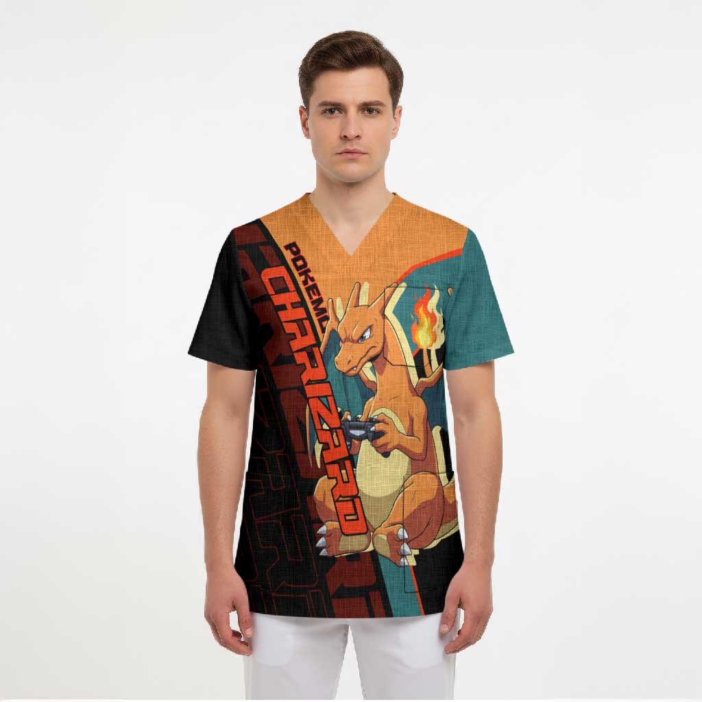 Charizard Poké Scrub Top Retro Anime Gaming Style