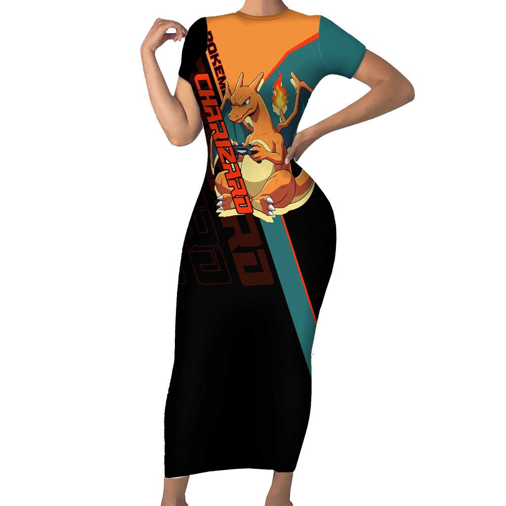 Charizard Poké Short Sleeve Bodycon Dress Retro Anime Gaming Style