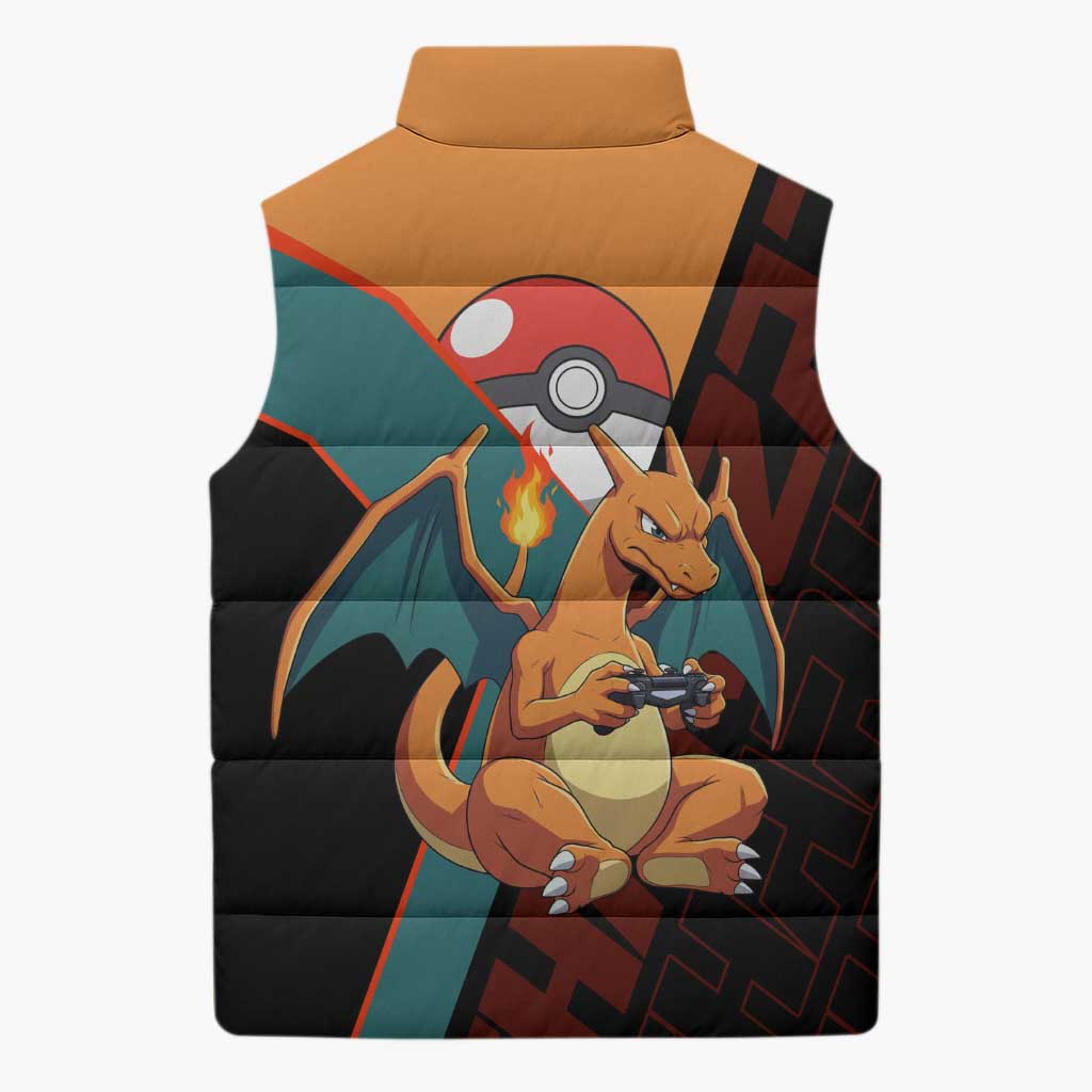 Charizard Poké Sleeveless Puffer Jacket Retro Anime Gaming Style