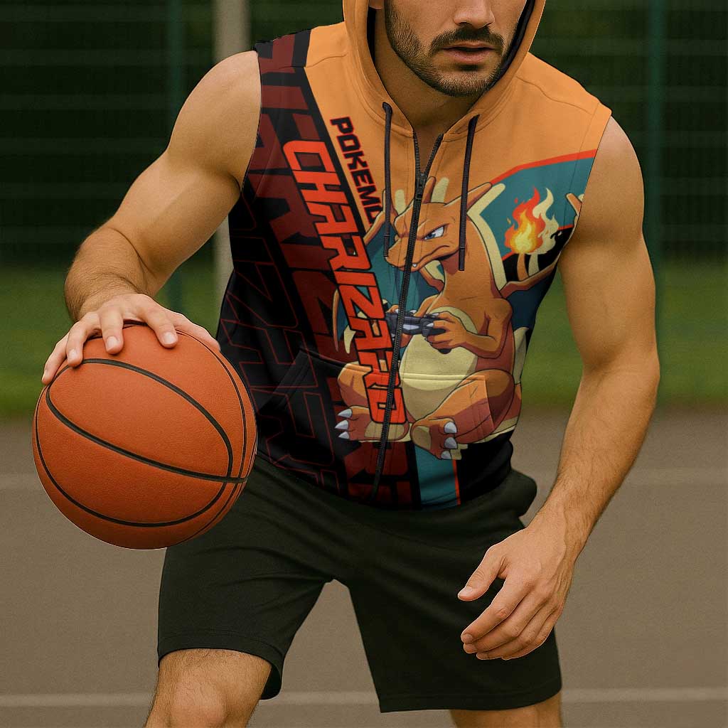 Charizard Poké Sleeveless Zip Hoodie Retro Anime Gaming Style