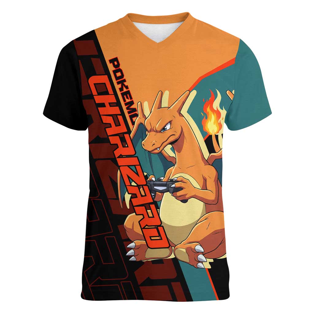 Charizard Poké Women V-Neck T-Shirt Retro Anime Gaming Style
