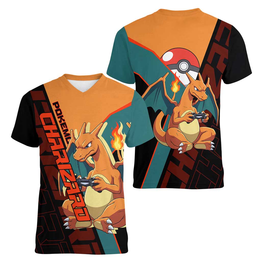 Charizard Poké Women V-Neck T-Shirt Retro Anime Gaming Style