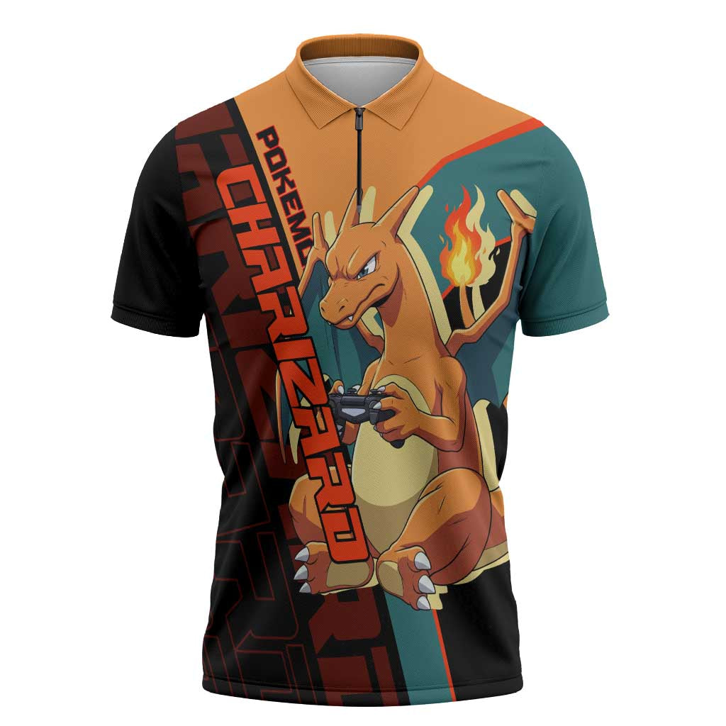Charizard Poké Zipper Polo Shirt Retro Anime Gaming Style