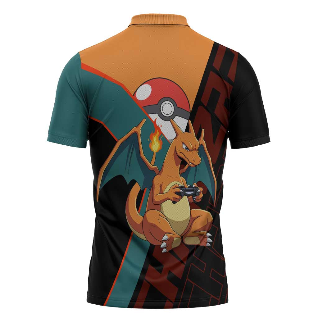 Charizard Poké Zipper Polo Shirt Retro Anime Gaming Style