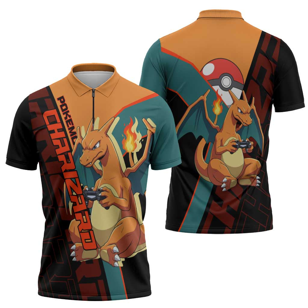 Charizard Poké Zipper Polo Shirt Retro Anime Gaming Style