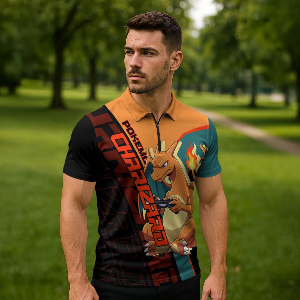 Charizard Poké Zipper Polo Shirt Retro Anime Gaming Style