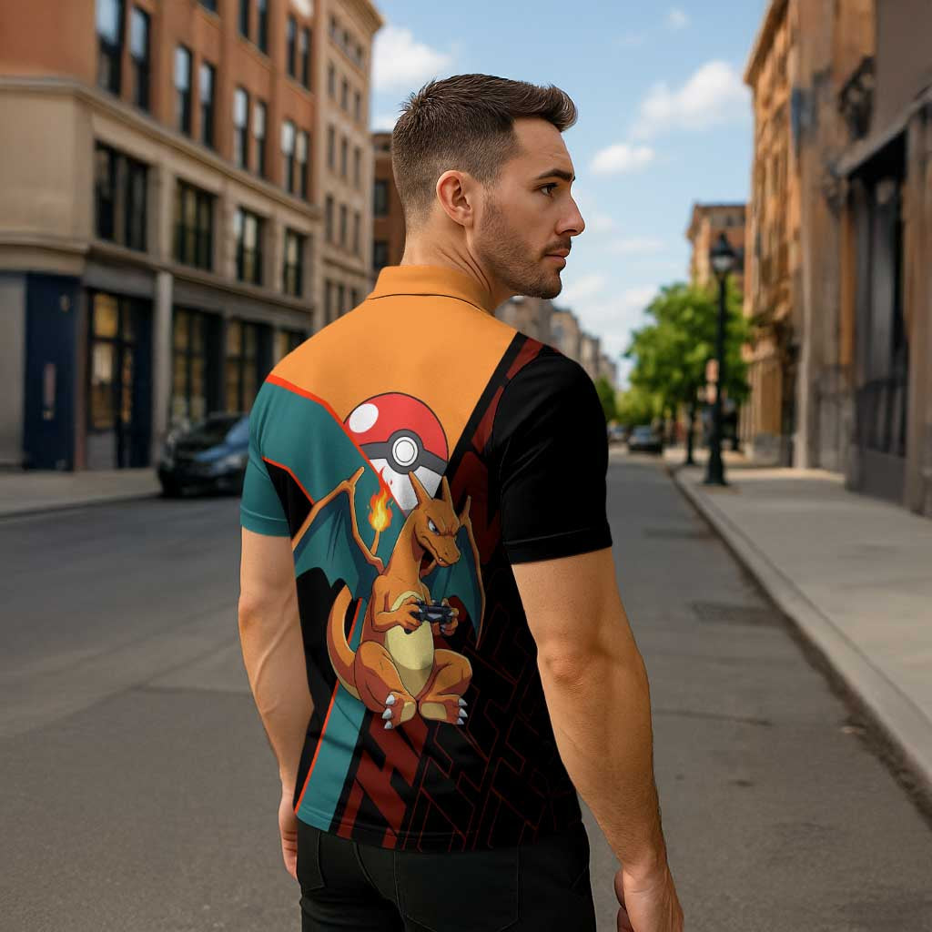 Charizard Poké Zipper Polo Shirt Retro Anime Gaming Style