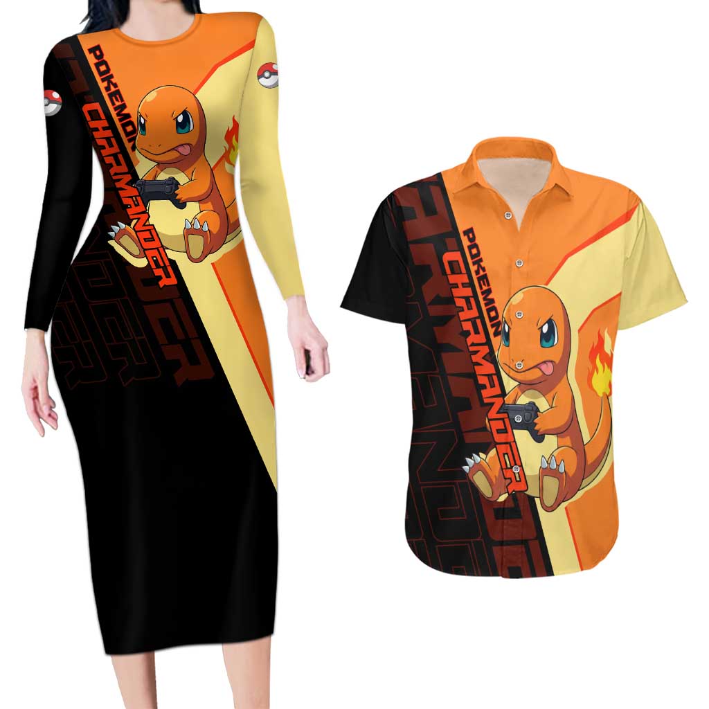 Charmander Poké Couples Matching Long Sleeve Bodycon Dress and Hawaiian Shirt Playful Retro Anime Style