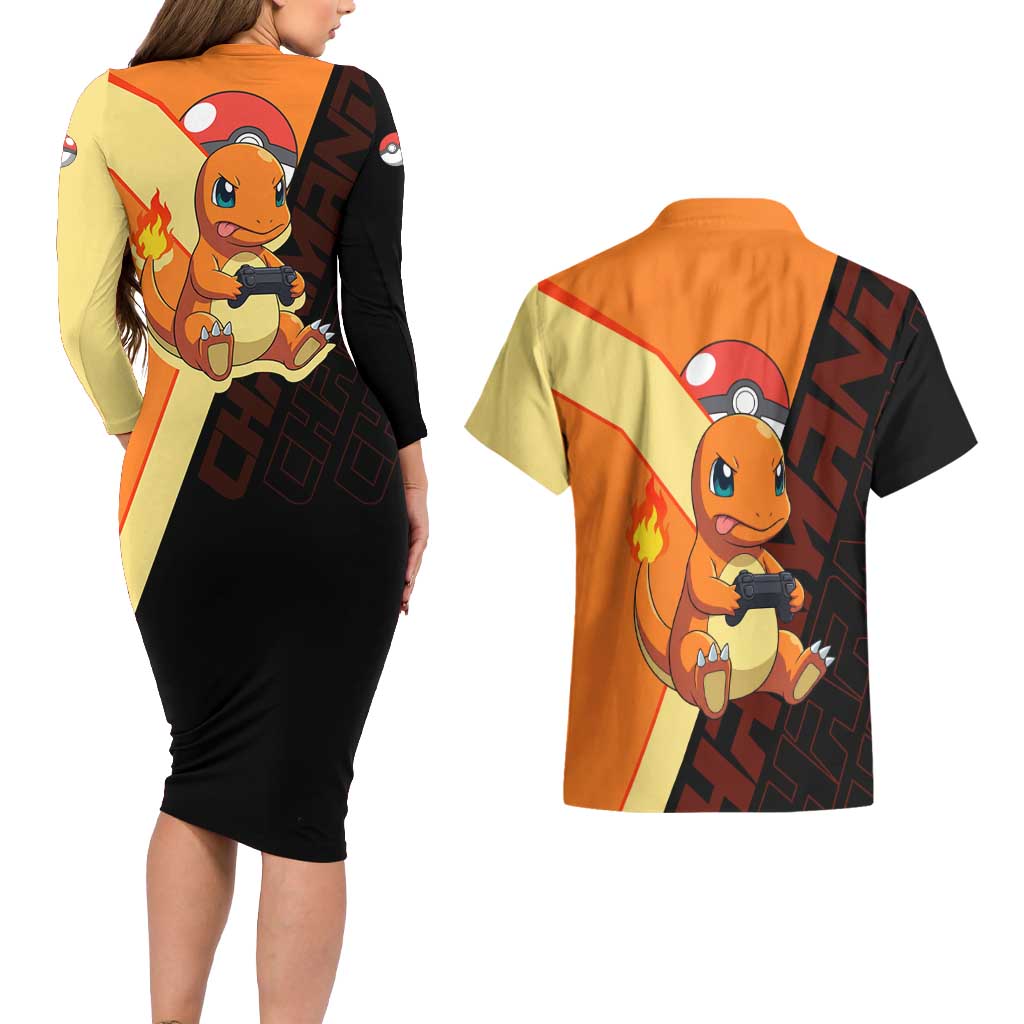 Charmander Poké Couples Matching Long Sleeve Bodycon Dress and Hawaiian Shirt Playful Retro Anime Style