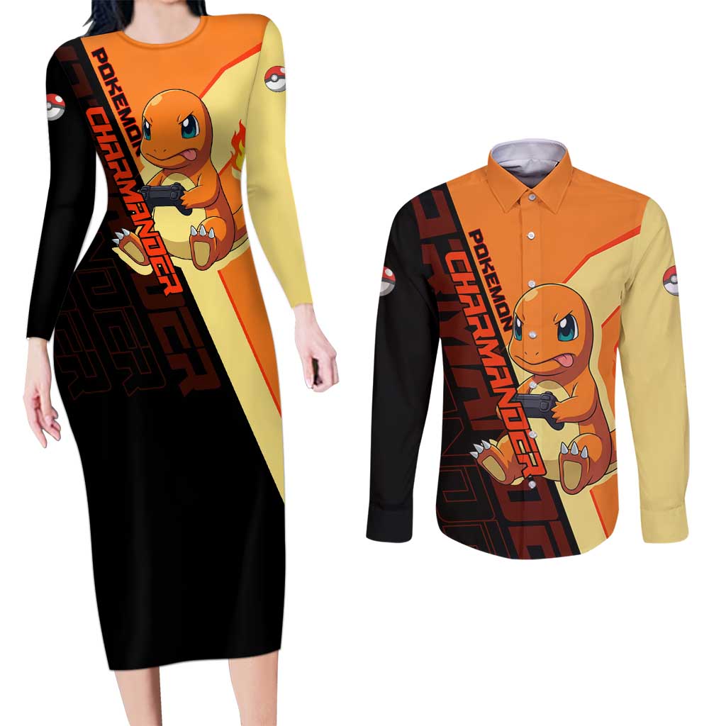 Charmander Poké Couples Matching Long Sleeve Bodycon Dress and Long Sleeve Button Shirt Playful Retro Anime Style