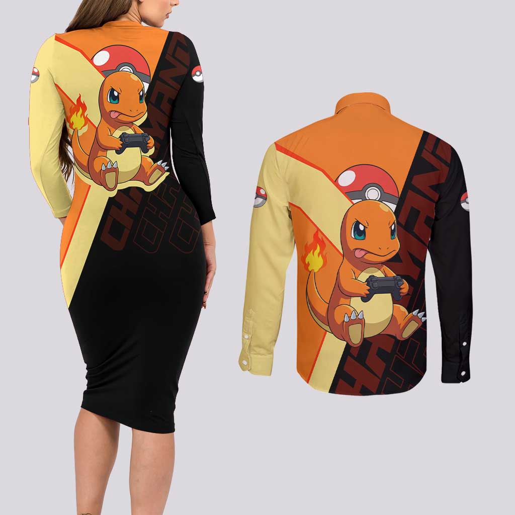 Charmander Poké Couples Matching Long Sleeve Bodycon Dress and Long Sleeve Button Shirt Playful Retro Anime Style