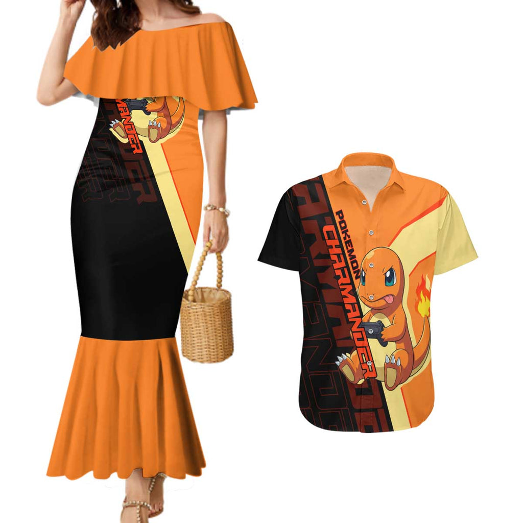 Charmander Poké Couples Matching Mermaid Dress and Hawaiian Shirt Playful Retro Anime Style