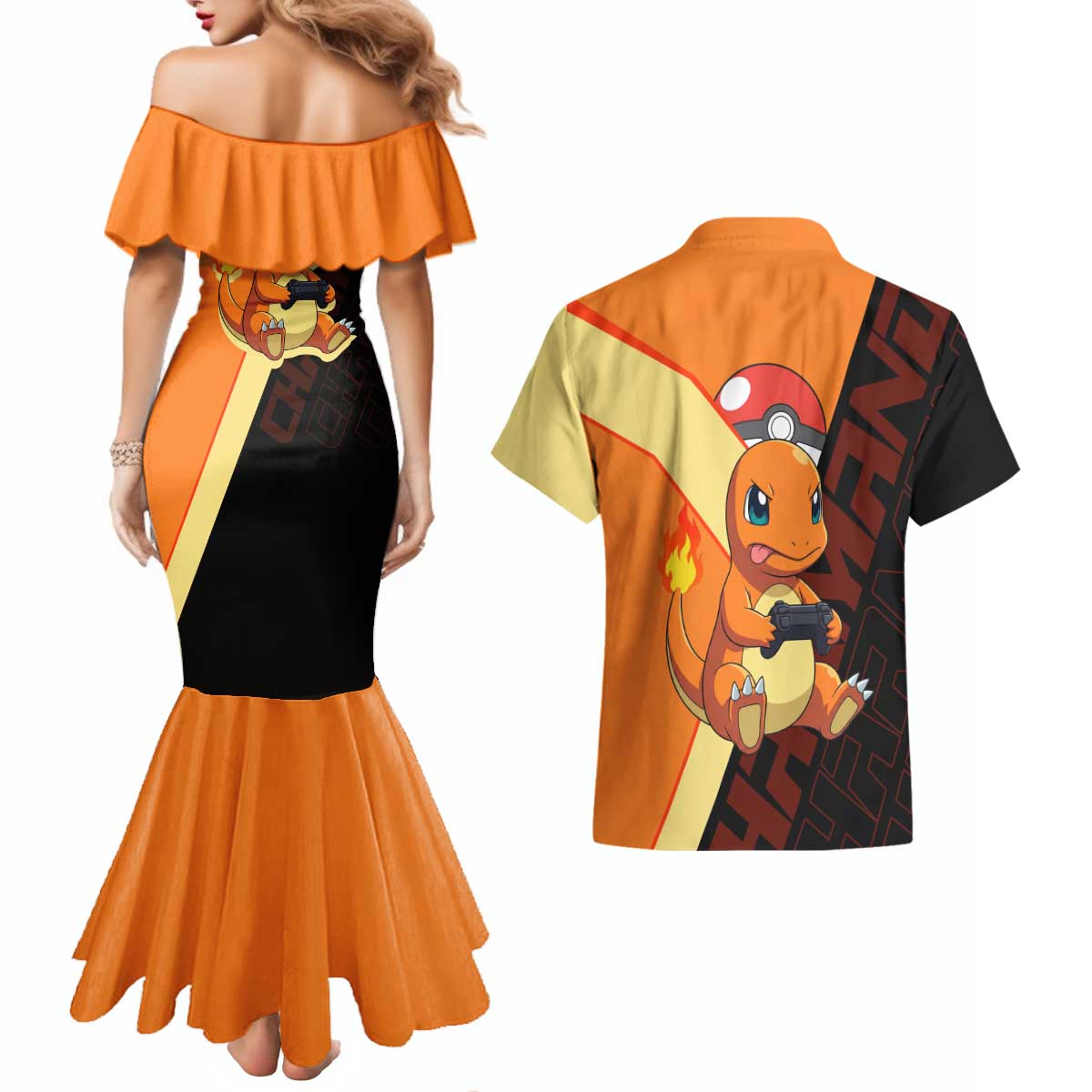 Charmander Poké Couples Matching Mermaid Dress and Hawaiian Shirt Playful Retro Anime Style