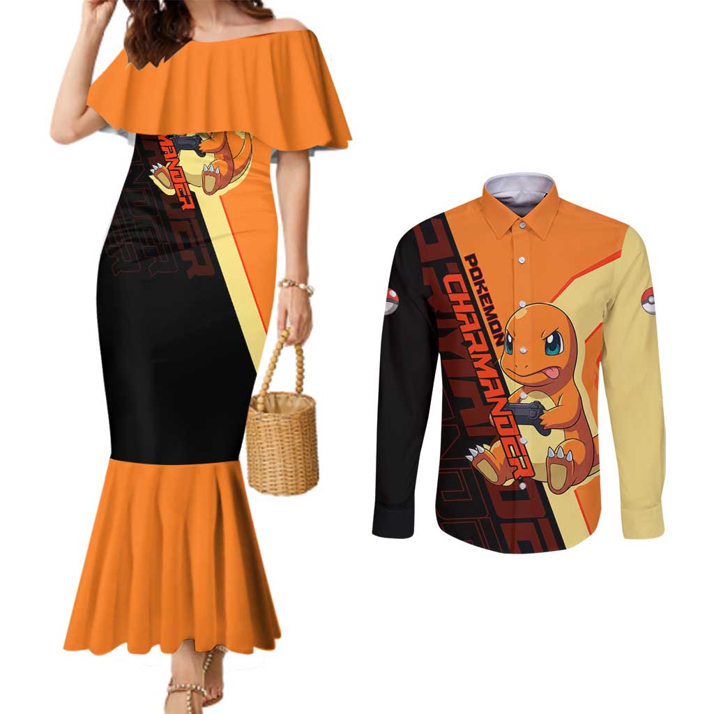 Charmander Poké Couples Matching Mermaid Dress and Long Sleeve Button Shirt Playful Retro Anime Style