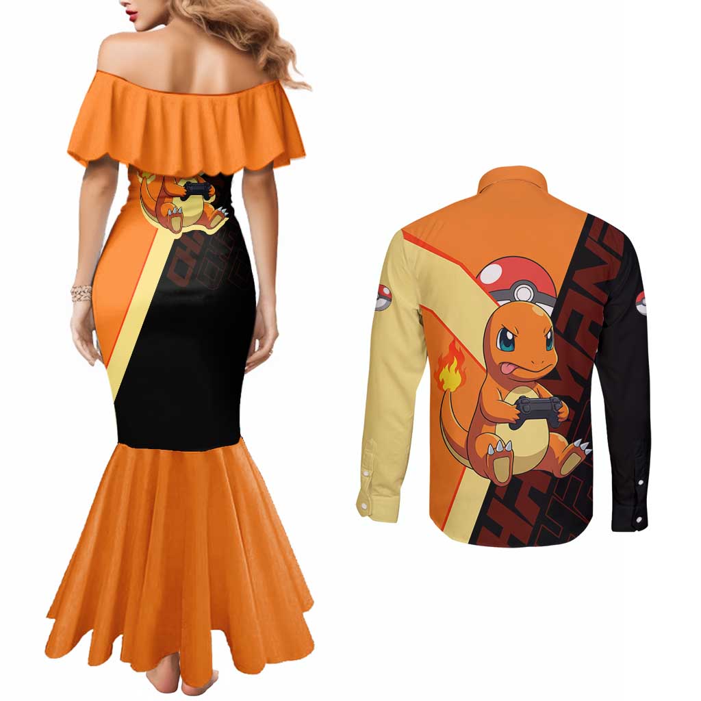 Charmander Poké Couples Matching Mermaid Dress and Long Sleeve Button Shirt Playful Retro Anime Style