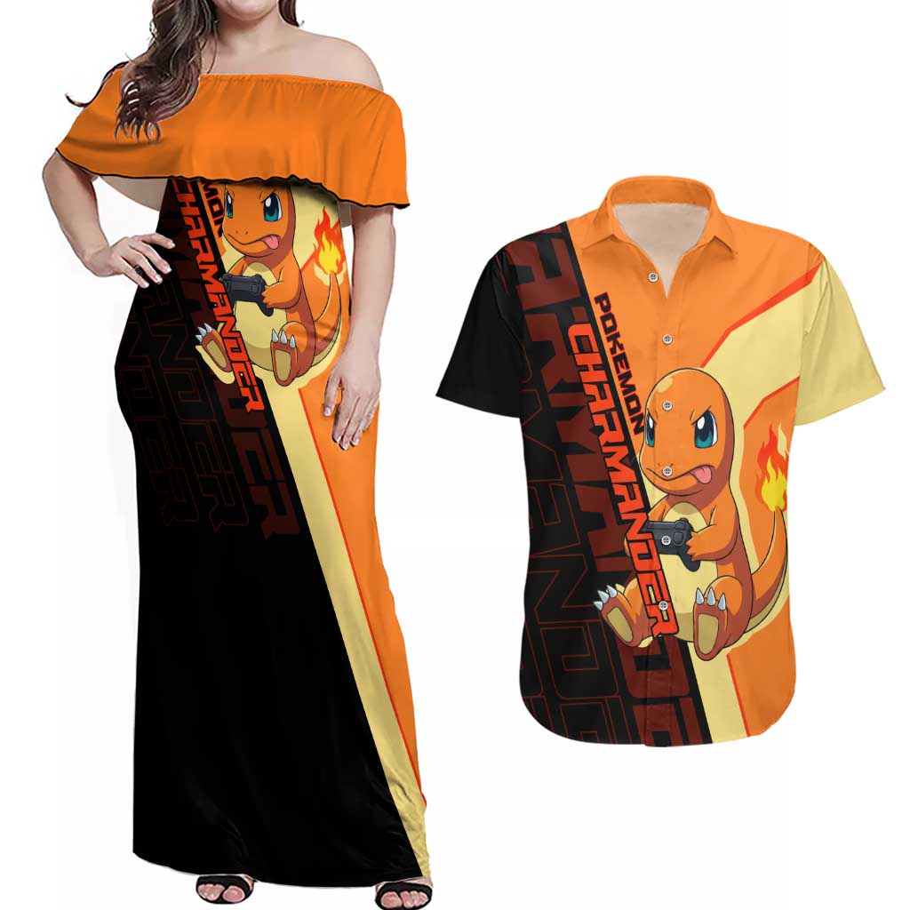 Charmander Poké Couples Matching Off Shoulder Maxi Dress and Hawaiian Shirt Playful Retro Anime Style