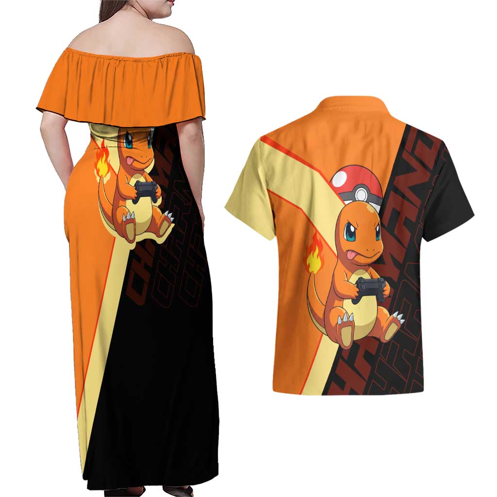 Charmander Poké Couples Matching Off Shoulder Maxi Dress and Hawaiian Shirt Playful Retro Anime Style