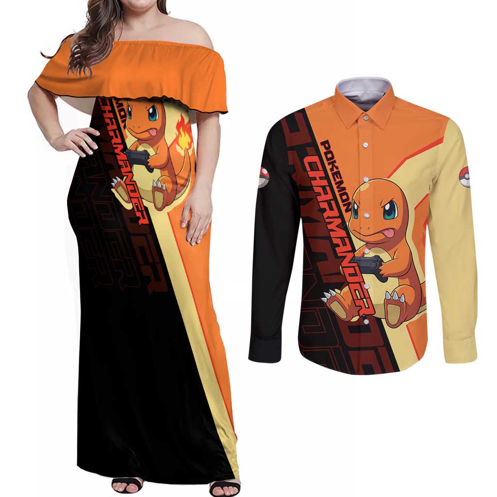 Charmander Poké Couples Matching Off Shoulder Maxi Dress and Long Sleeve Button Shirt Playful Retro Anime Style