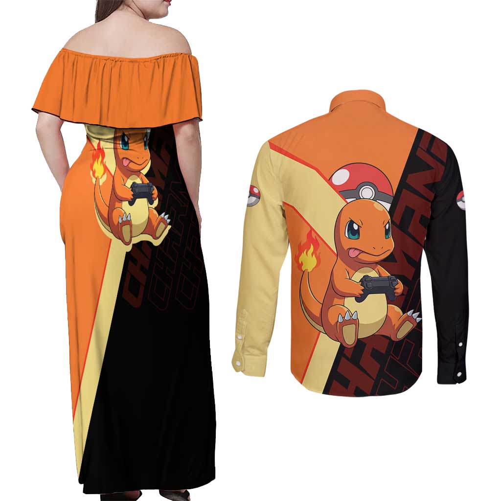 Charmander Poké Couples Matching Off Shoulder Maxi Dress and Long Sleeve Button Shirt Playful Retro Anime Style