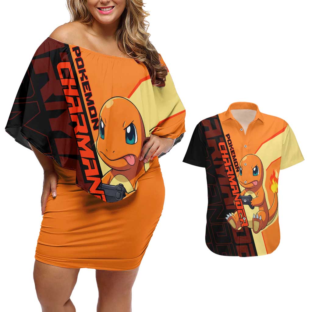 Charmander Poké Couples Matching Off Shoulder Short Dress and Hawaiian Shirt Playful Retro Anime Style