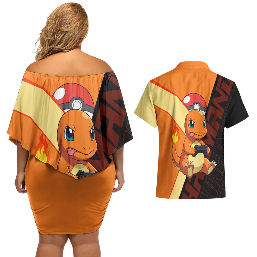Charmander Poké Couples Matching Off Shoulder Short Dress and Hawaiian Shirt Playful Retro Anime Style