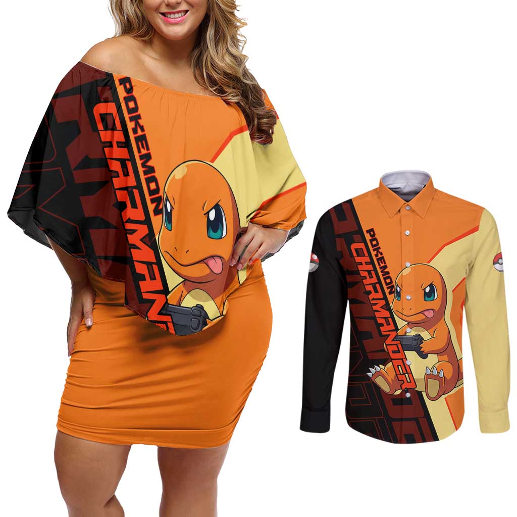 Charmander Poké Couples Matching Off Shoulder Short Dress and Long Sleeve Button Shirt Playful Retro Anime Style