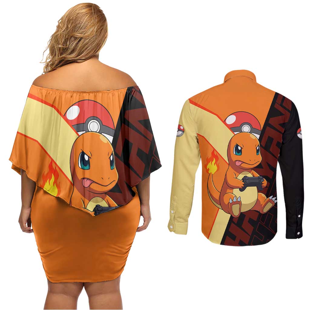Charmander Poké Couples Matching Off Shoulder Short Dress and Long Sleeve Button Shirt Playful Retro Anime Style