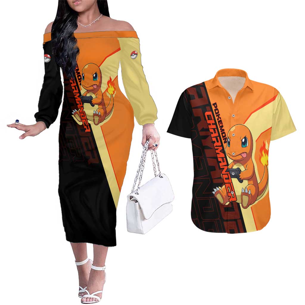 Charmander Poké Couples Matching Off The Shoulder Long Sleeve Dress and Hawaiian Shirt Playful Retro Anime Style