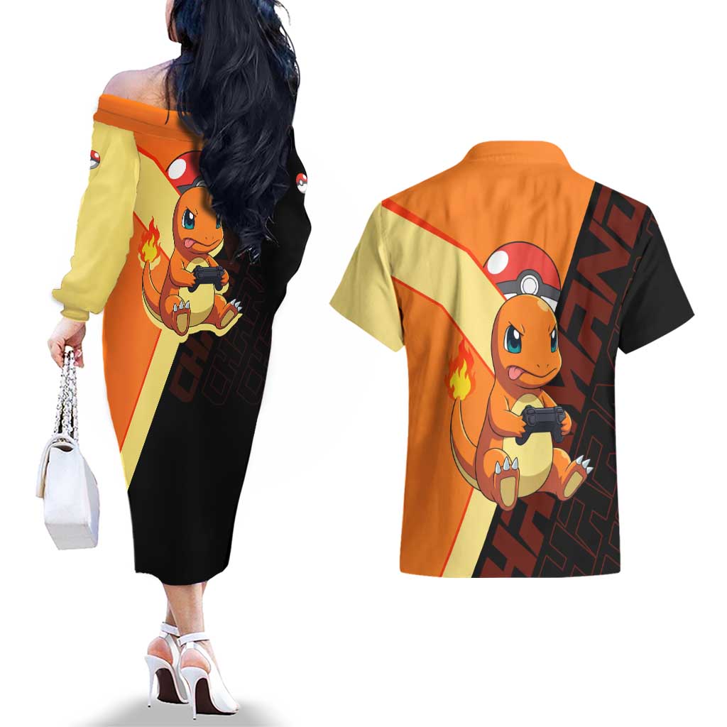 Charmander Poké Couples Matching Off The Shoulder Long Sleeve Dress and Hawaiian Shirt Playful Retro Anime Style