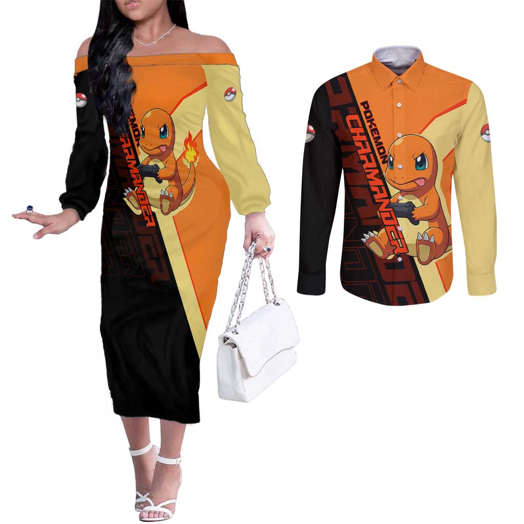 Charmander Poké Couples Matching Off The Shoulder Long Sleeve Dress and Long Sleeve Button Shirt Playful Retro Anime Style
