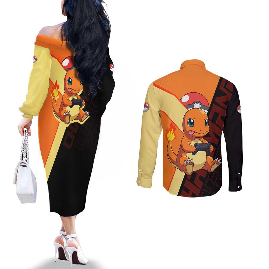 Charmander Poké Couples Matching Off The Shoulder Long Sleeve Dress and Long Sleeve Button Shirt Playful Retro Anime Style