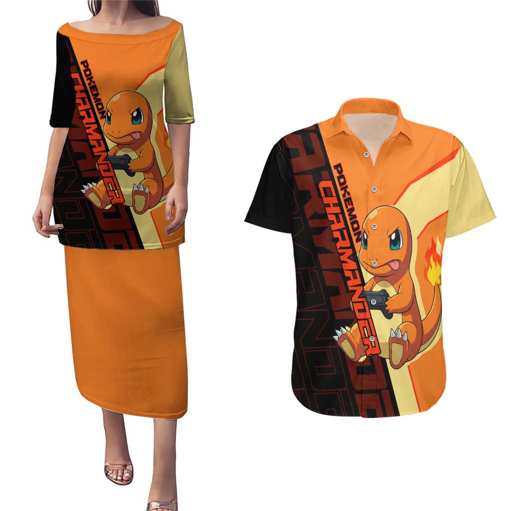 Charmander Poké Couples Matching Puletasi and Hawaiian Shirt Playful Retro Anime Style