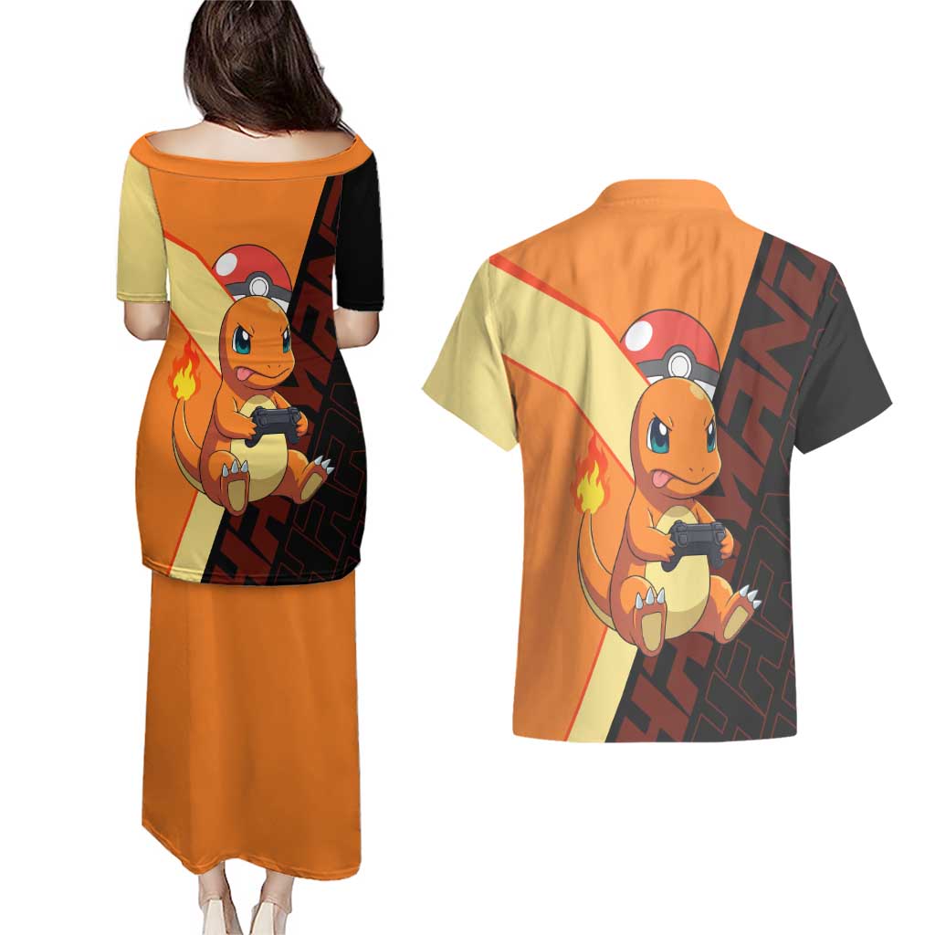Charmander Poké Couples Matching Puletasi and Hawaiian Shirt Playful Retro Anime Style