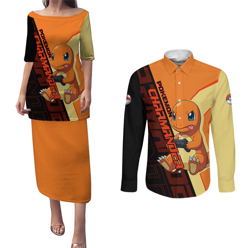 Charmander Poké Couples Matching Puletasi and Long Sleeve Button Shirt Playful Retro Anime Style