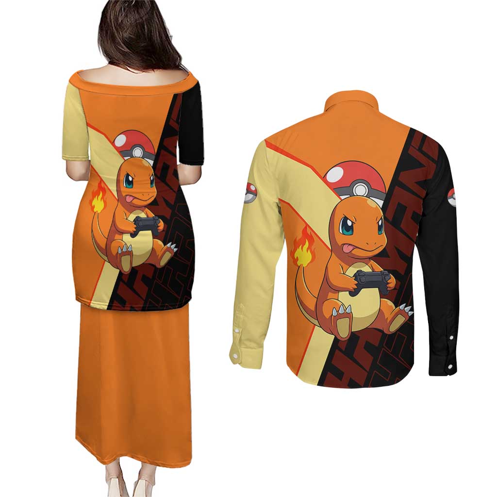 Charmander Poké Couples Matching Puletasi and Long Sleeve Button Shirt Playful Retro Anime Style