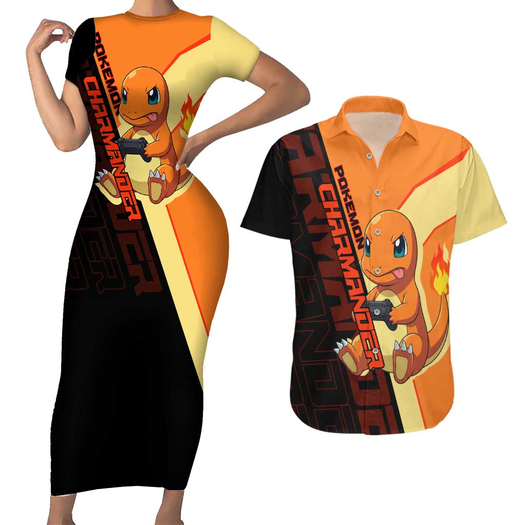 Charmander Poké Couples Matching Short Sleeve Bodycon Dress and Hawaiian Shirt Playful Retro Anime Style