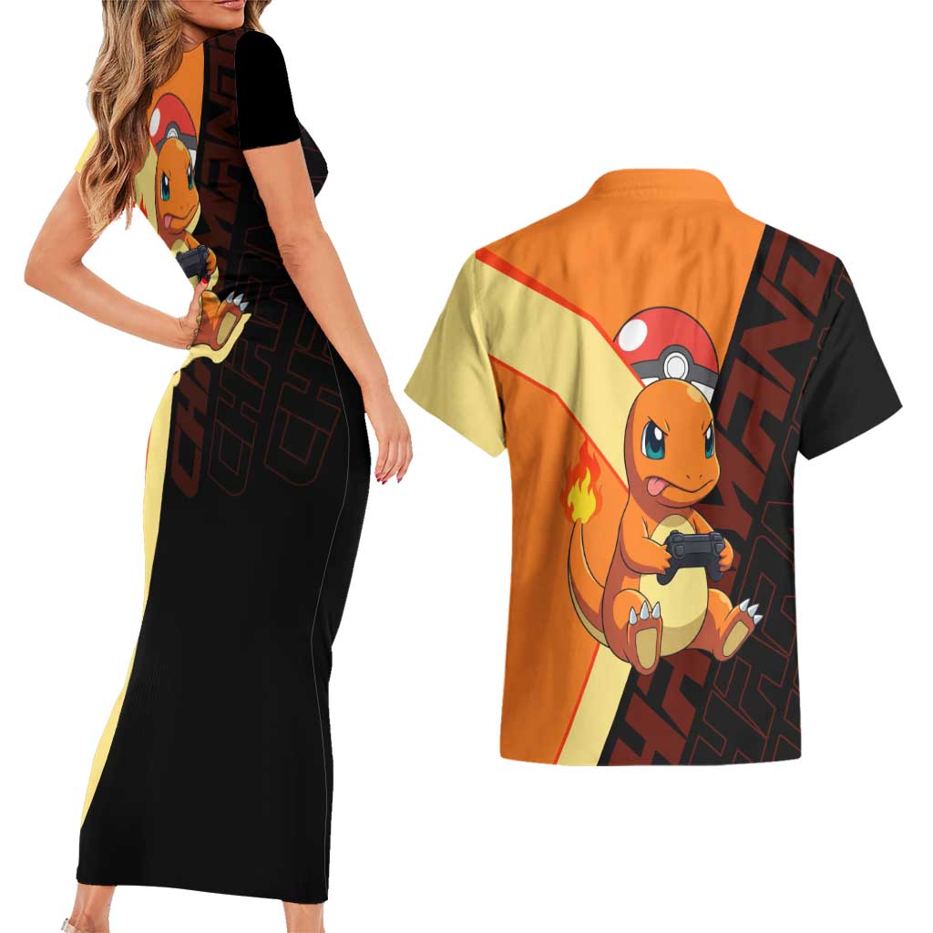 Charmander Poké Couples Matching Short Sleeve Bodycon Dress and Hawaiian Shirt Playful Retro Anime Style