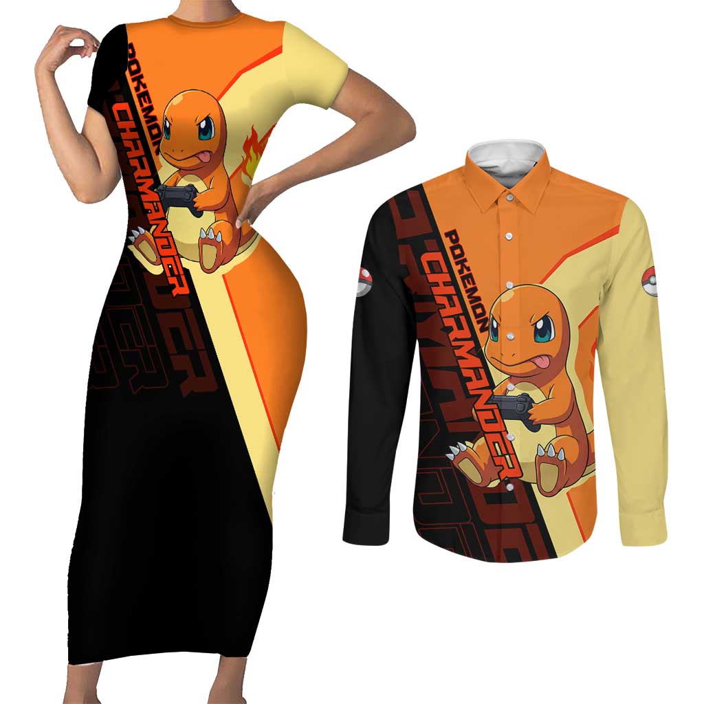 Charmander Poké Couples Matching Short Sleeve Bodycon Dress and Long Sleeve Button Shirt Playful Retro Anime Style