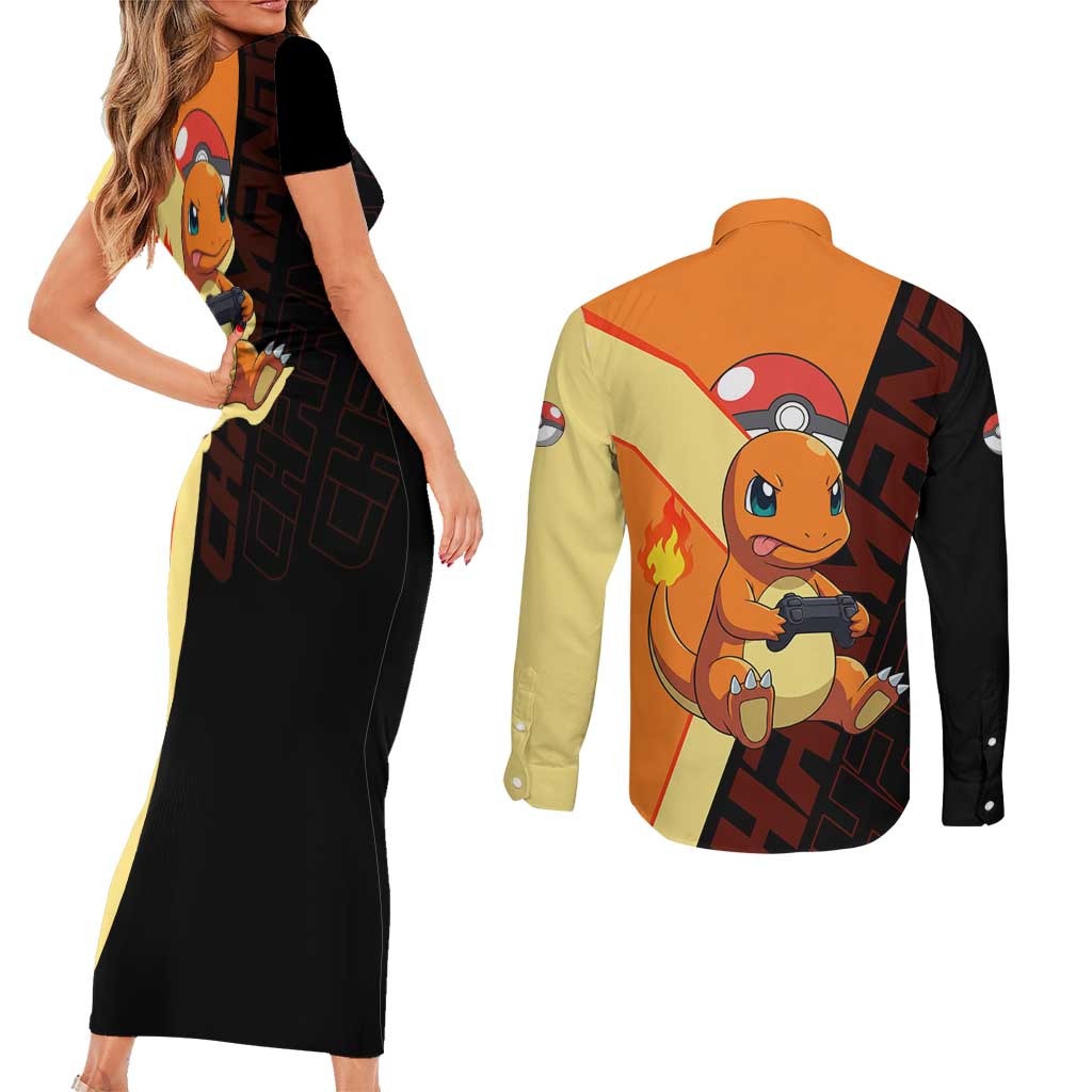 Charmander Poké Couples Matching Short Sleeve Bodycon Dress and Long Sleeve Button Shirt Playful Retro Anime Style
