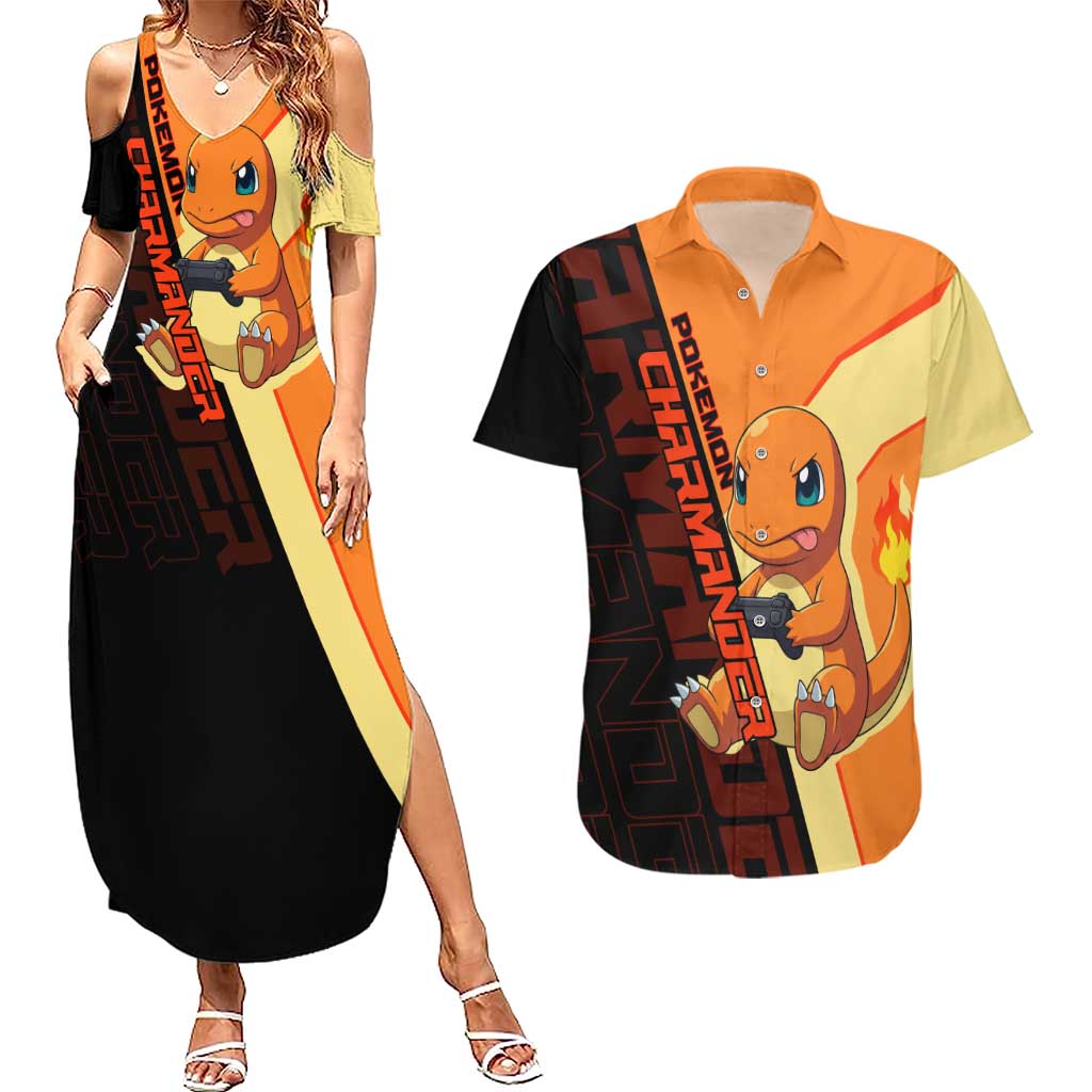 Charmander Poké Couples Matching Summer Maxi Dress and Hawaiian Shirt Playful Retro Anime Style