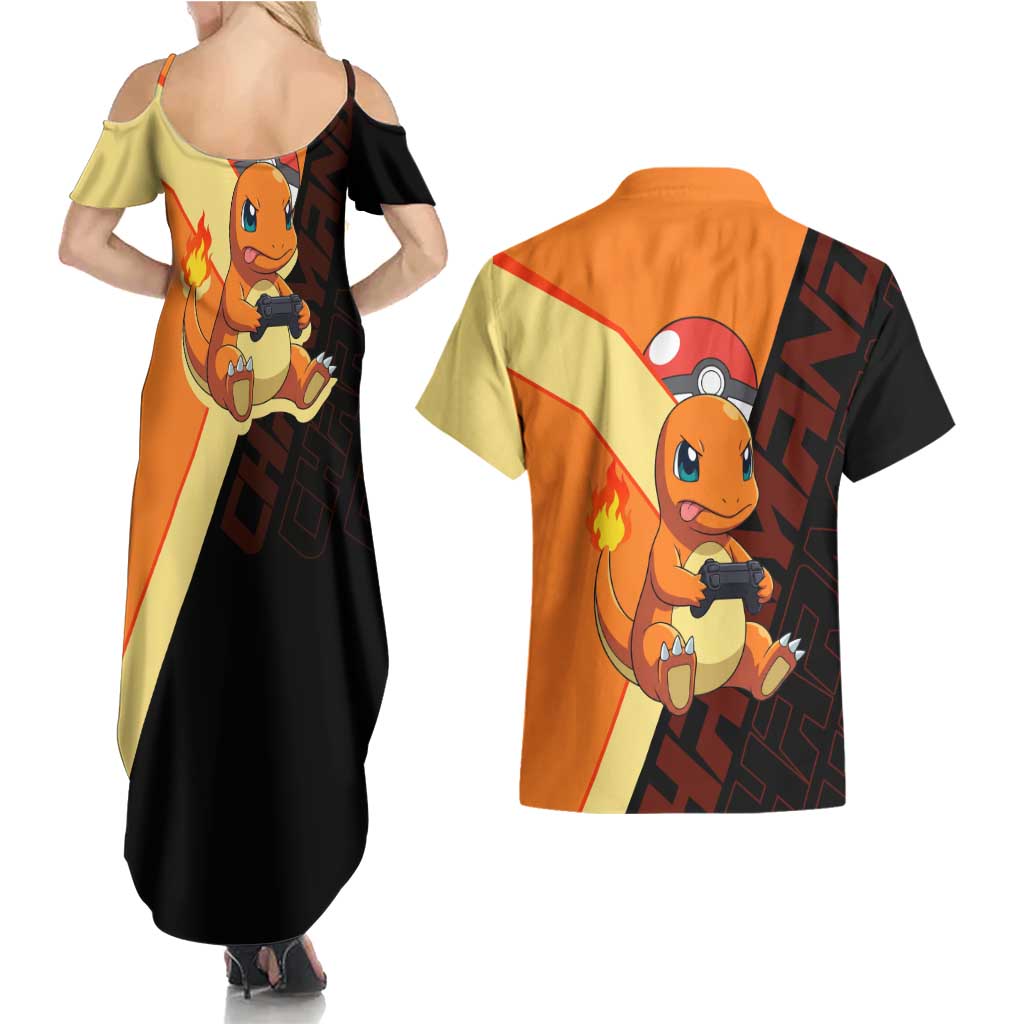 Charmander Poké Couples Matching Summer Maxi Dress and Hawaiian Shirt Playful Retro Anime Style