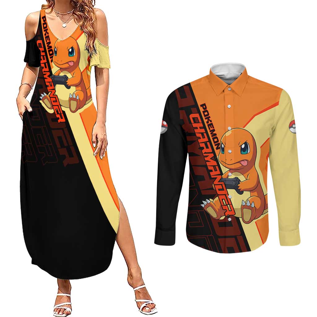 Charmander Poké Couples Matching Summer Maxi Dress and Long Sleeve Button Shirt Playful Retro Anime Style