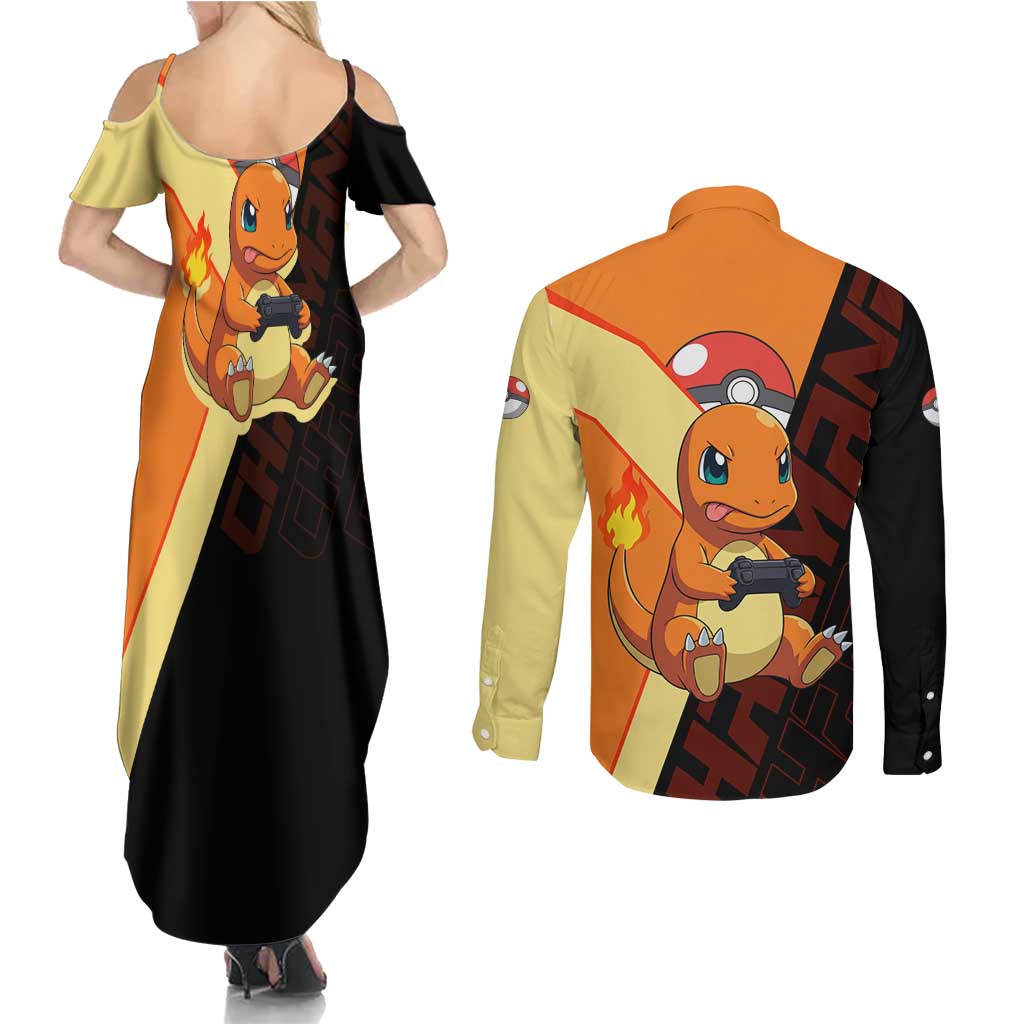 Charmander Poké Couples Matching Summer Maxi Dress and Long Sleeve Button Shirt Playful Retro Anime Style