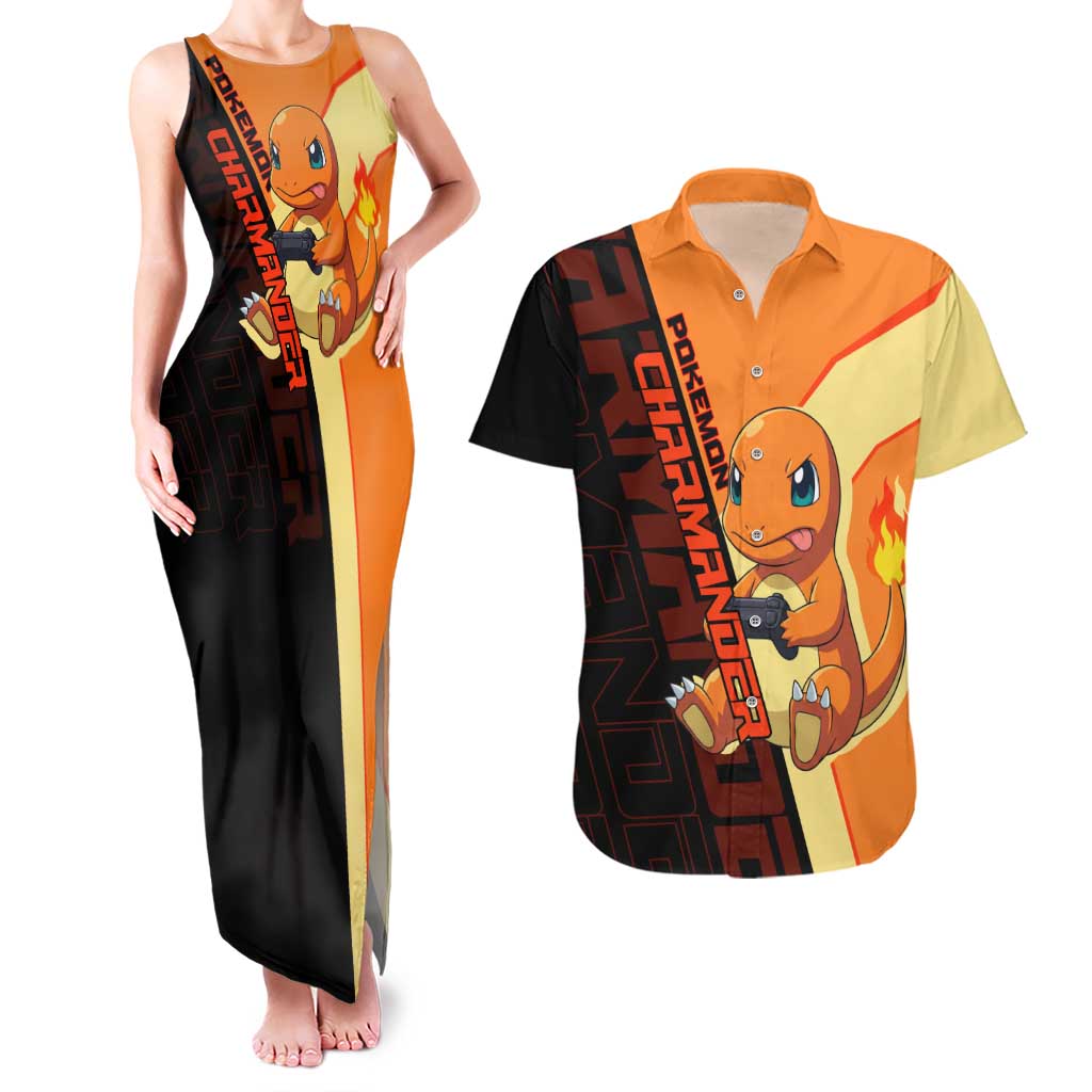 Charmander Poké Couples Matching Tank Maxi Dress and Hawaiian Shirt Playful Retro Anime Style