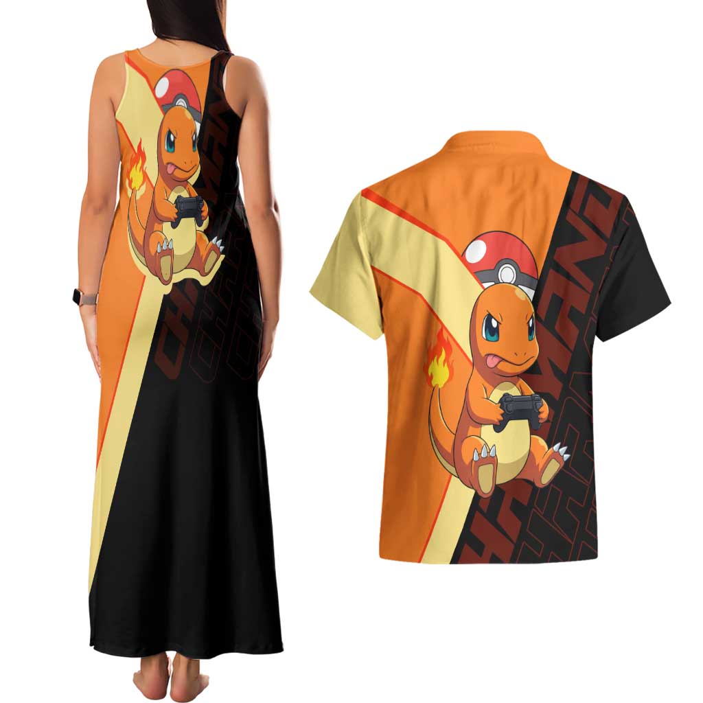 Charmander Poké Couples Matching Tank Maxi Dress and Hawaiian Shirt Playful Retro Anime Style