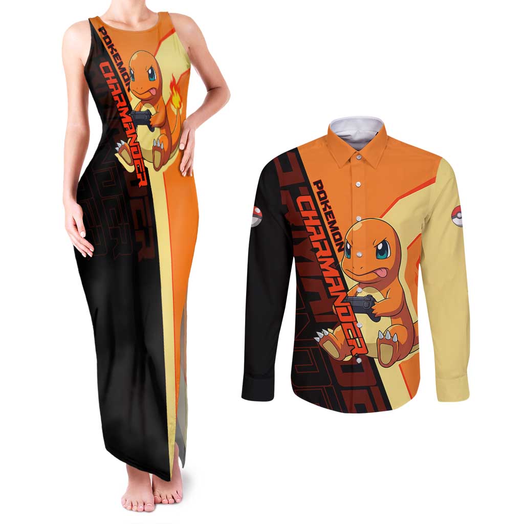 Charmander Poké Couples Matching Tank Maxi Dress and Long Sleeve Button Shirt Playful Retro Anime Style