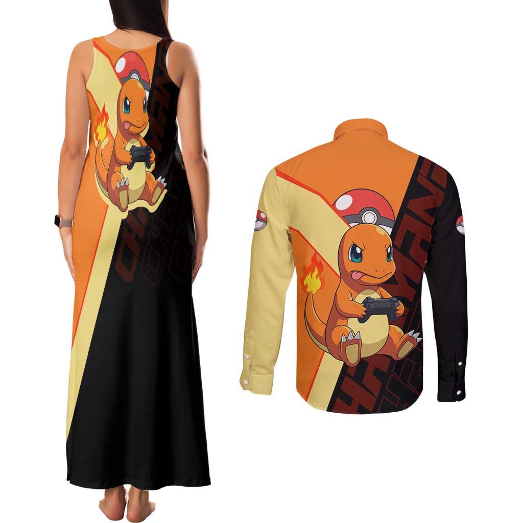 Charmander Poké Couples Matching Tank Maxi Dress and Long Sleeve Button Shirt Playful Retro Anime Style