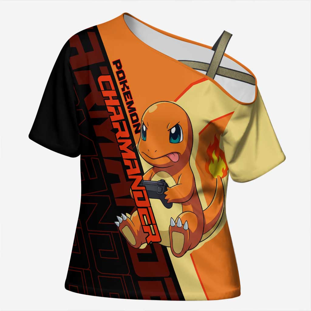 Charmander Poké Cross Shoulder Shirt Playful Retro Anime Style